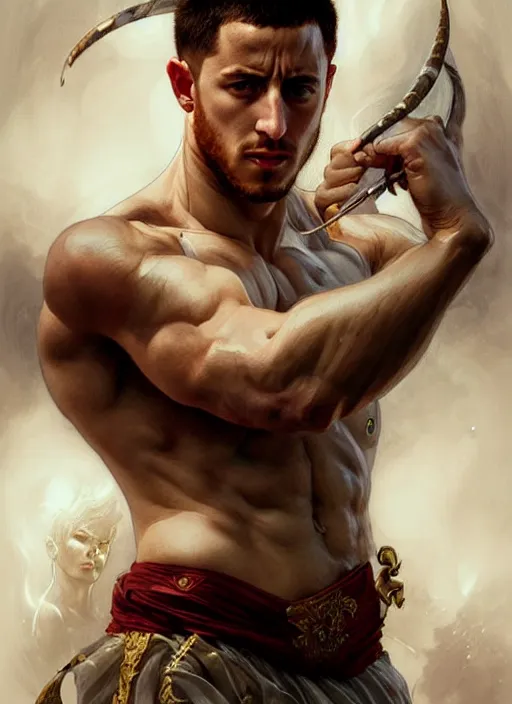 Image similar to portrait of aggressive eden hazard, d & d, muscular! white, fire, fantasy, intricate, elegant, highly detailed, digital painting, artstation, concept art, smooth, sharp focus, illustration, art by artgerm and greg rutkowski and alphonse mucha