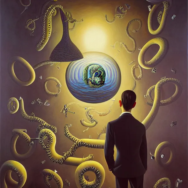 Image similar to an oil on canvas portrait painting of a business man, polycount, surrealism, surrealist, lovecraftian, cosmic horror, rob gonsalves, high detail