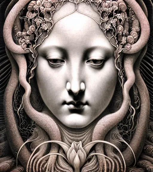 Prompt: detailed realistic beautiful lotus goddess face portrait by jean delville, gustave dore, iris van herpen and marco mazzoni, art forms of nature by ernst haeckel, art nouveau, symbolist, visionary, gothic, neo - gothic, pre - raphaelite, fractal lace, intricate alien botanicals, ai biodiversity, surreality, hyperdetailed ultrasharp octane render
