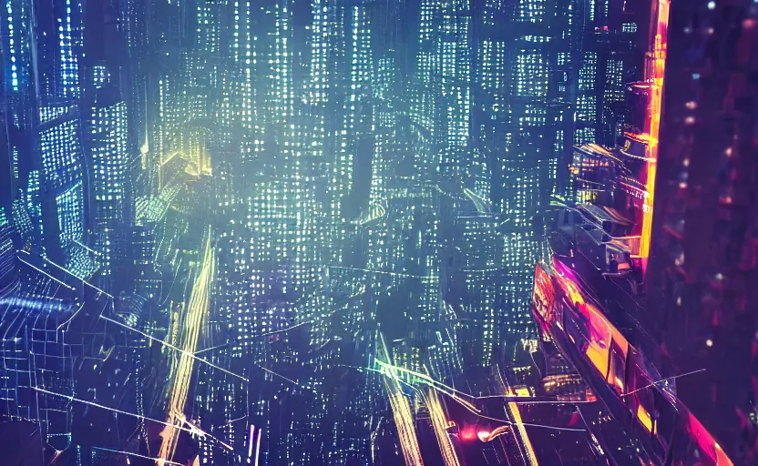 Image similar to macro view of a giant of 1 km of hight walking on the big city, tron, close up bokeh hiperrealistic neon glow darkness dramatic neon, sharp focus, octane render, imax