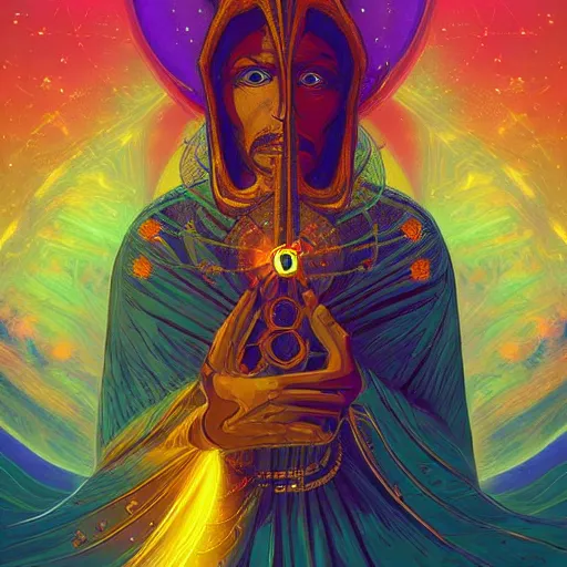 Prompt: hierophant tarot card art, the hierophant stands a bridge between heaven and earth holding knowledge and tradition in her hands, 8 k resolution digital painting, vibrant colors, by alena aenami, by michael whelan, behance hd, trending on artstation deviantart