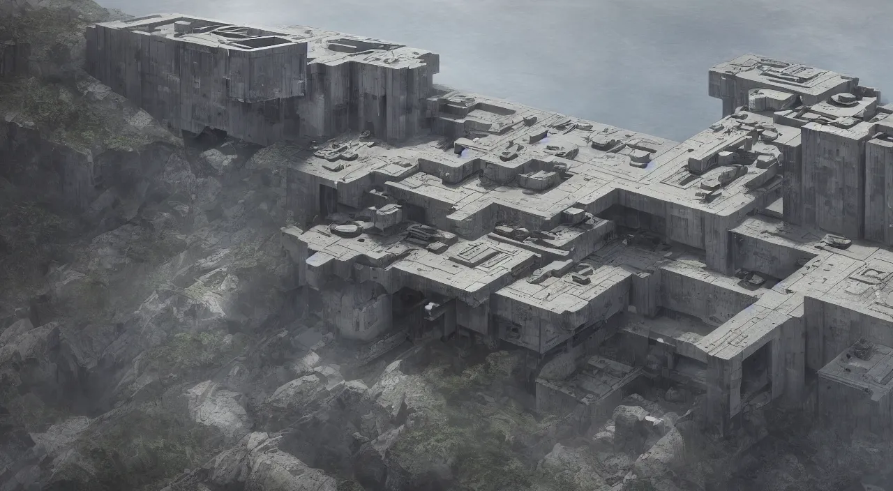 Image similar to big brutalist imperial military base on cliffs, drawing architecture, imperial architecture in rogue one, pritzker architecture prize, brutalism architecture, jan urschel