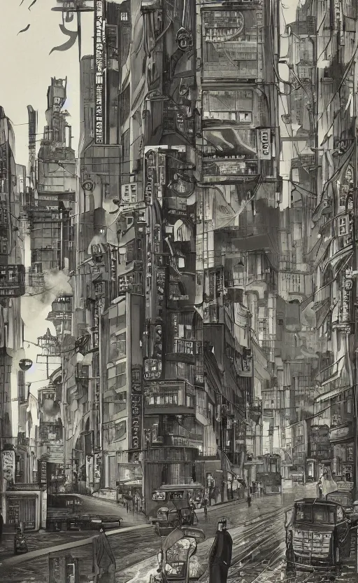 Prompt: a tall man standing next to a huge car in a street, tokyo city in the background, people walking in the distance, reflections on wet streets, dieselpunk style, steampunk, architecture by francois schuiten, beautiful illustration, drawing, painting, clean lines, digital art, symmetric, colorful retrofutur, artstation, plein air, 2 d game art, isometric