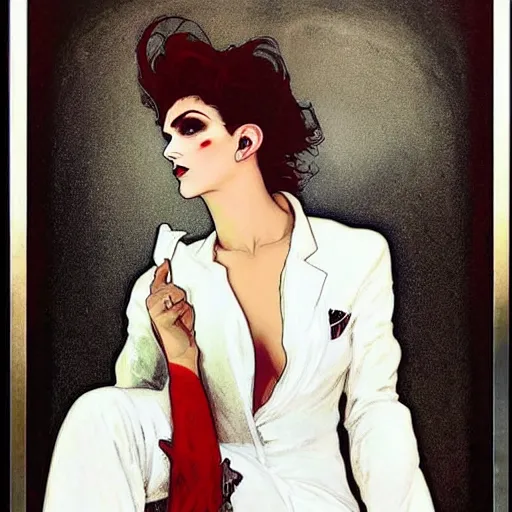 Image similar to beautiful portrait of androgynous ruby rose as desire from sandman in a white tuxedo!!!, rockabilly style,, by alphonse mucha, by jeremy mann, by peter lindbergh, dave mckean, by frank moth, white suit and black tie, soft lightning, high detailed, 8 k