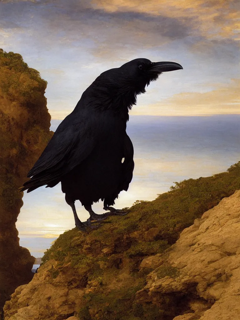 Image similar to a breathtakingly stunningly beautifully highly detailed close up portrait of a raven under a rock arch, epic coves crashing waves plants, beautiful clear harmonious composition, dynamically shot, wonderful strikingly beautiful serene sunset, detailed organic textures, by frederic leighton and rosetti and turner and eugene von guerard, 4 k