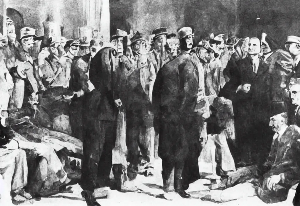 Image similar to ataturk is interrogating turkish politicians in front of the public.