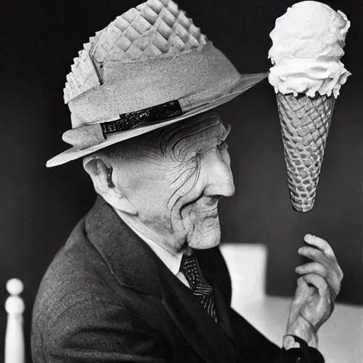 Image similar to detailed 1930s photograph of a wrinkled old man with a tall hat made of waffle cone, filled with huge scoops of real ice cream