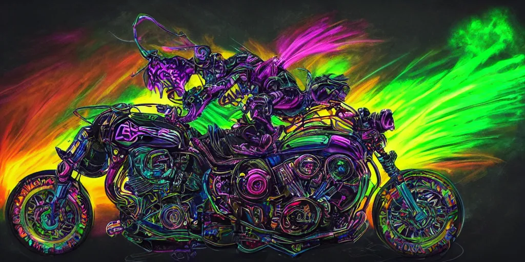 Image similar to psychedelic blacklight neon airbrush artwork, motorcycle, hyper stylized action shot of an orc popping a wheelie on a motorcycle, menacing orc, clear focused details, soft airbrushed artwork, black background, apocalyptic, cgsociety, artstation, peter lloyd art, peter palombi art