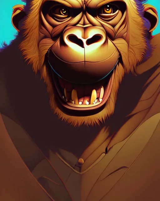 Image similar to don bluth, loish, artgerm, joshua middleton, steampunk, clockpunk anthropomorphic gorilla, brown suit, smiling, symmetrical eyes symmetrical face, colorful animation forest background