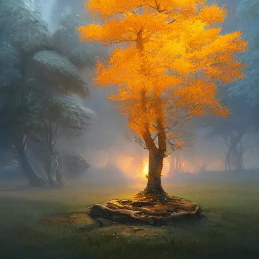 Image similar to Concept art, beautiful painting of a gingko tree, shining its light among candles, 8k, james gurney, greg rutkowski, john howe, artstation