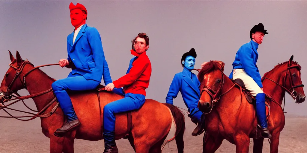 Image similar to color photograph men riding horses blue skin red light wide open vista 1 2 0 mm film highly detailed sharp zeiss lens 1. 8 high contrast chiaroscuro insane quality masterpiece detailed photograph by gottfried helnwein ryan mcginley robert mapplethorpe david armstrong david wojnarowicz