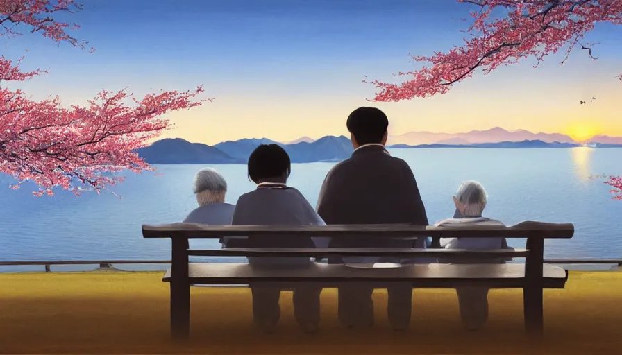 Image similar to back view of an old japanese couple watching sunset while sitting on the bench, cherry blossoms, village in the horizon, lake, paint by osamu tezuka, hyperdetailed, artstation, cgsociety, 8 k