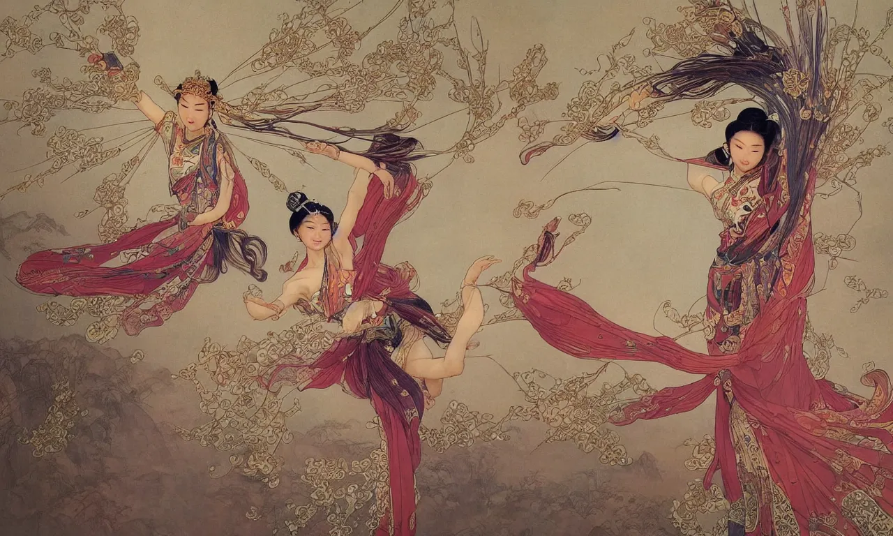 Prompt: a chinese princess dance in aerial, fairy, han dynasty, dunhuang style, mythology, ornate, silk, streamer, spinning in the sky, by stanley artgerm lau, greg rutkowski, victo ngai, alphonse mucha, loish, norman rockwell