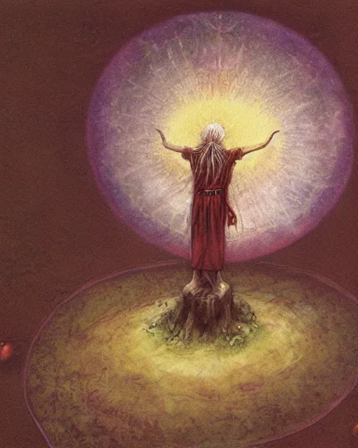 Prompt: a druid standing in a circle at the beginning of the world by brian froud