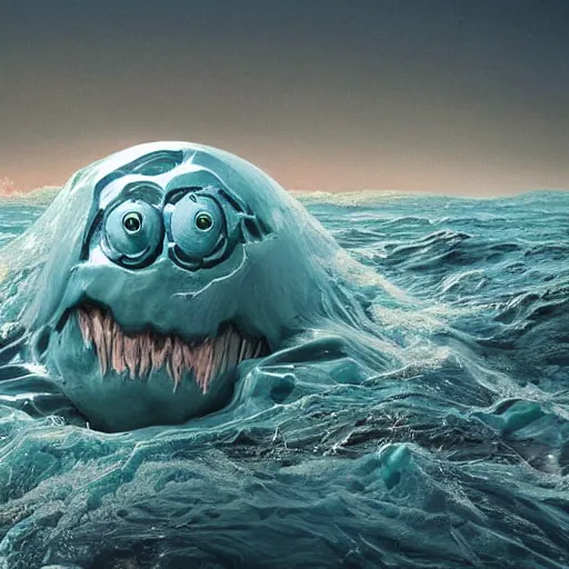 Image similar to the ghastly amorphous radioactive toxic and mutated plastic monster with the face of humanity rising out of a plastic soup in the ocean, cgsociety, high detailed, photo of the year 2 0 2 2