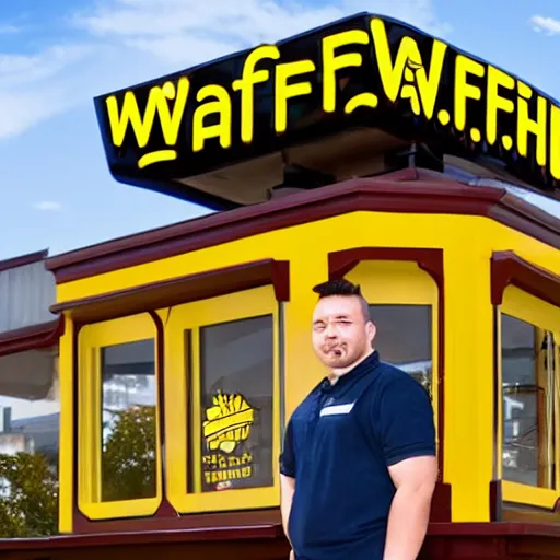 Image similar to wafflehouse employee's standing below wafflehouse sign