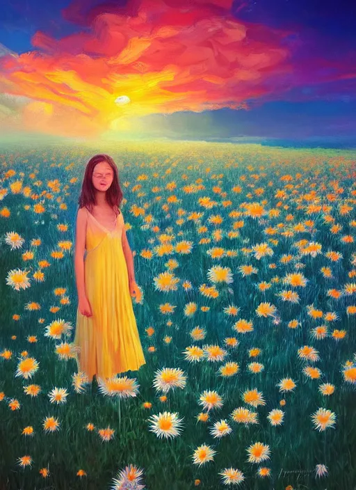 Image similar to girl face made of giant daisies, standing in a flower field, holding flowers, surreal photography, sunset dramatic light, impressionist painting, colorful clouds, large sky, digital painting, artstation, simon stalenhag