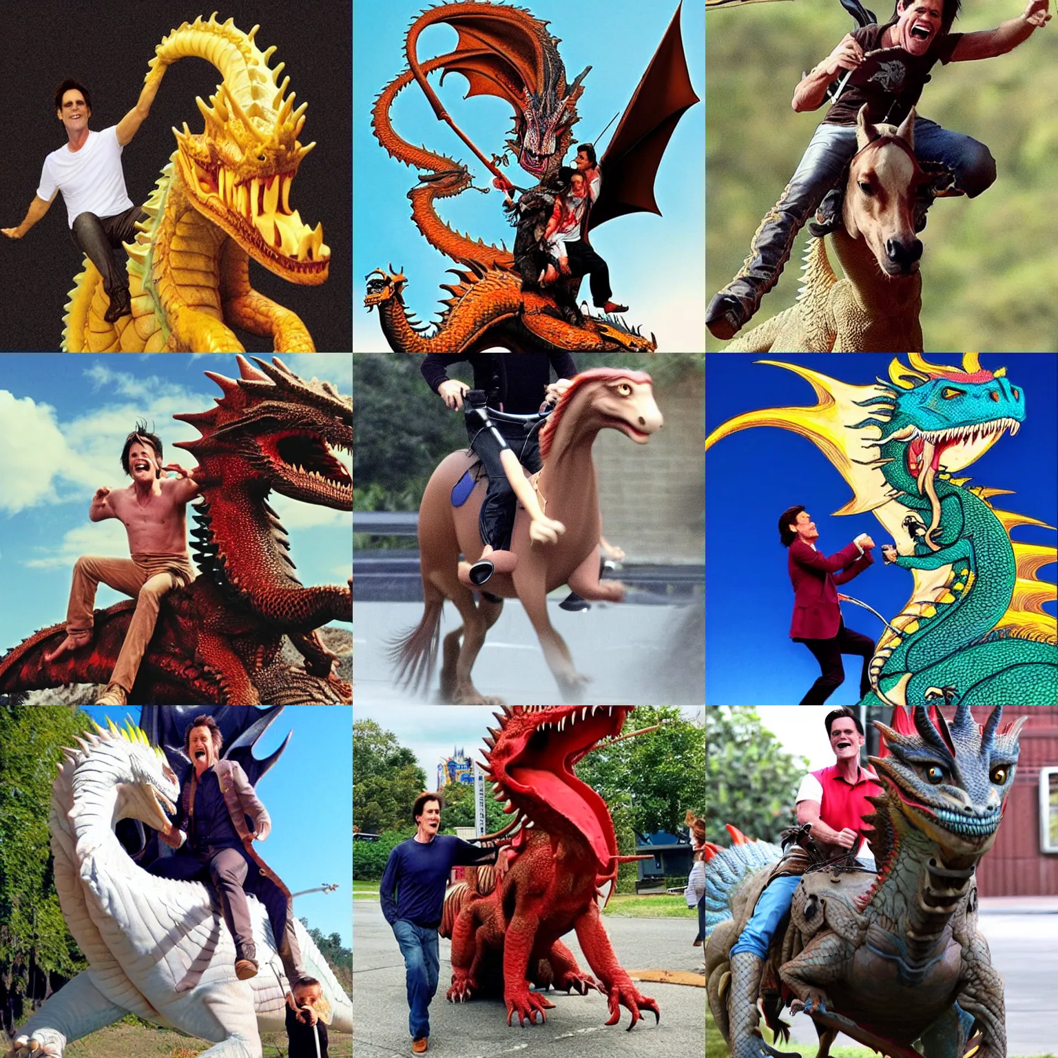 Prompt: jim carrey riding a dragon