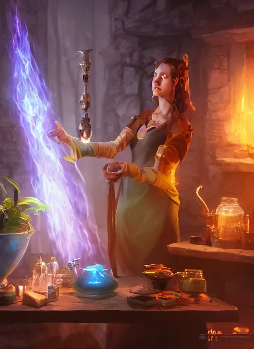 Image similar to An epic fantasy comic book style portrait painting of a light witch brewing a healing potion in her workshop, unreal 5, DAZ, hyperrealistic, octane render, cosplay, RPG portrait, dynamic lighting