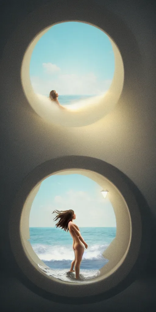 Image similar to a beautiful painting of a woman emerging from a stargate, by the sea by francesca woodman by octane render blender 8 k isometric dof spot lighting