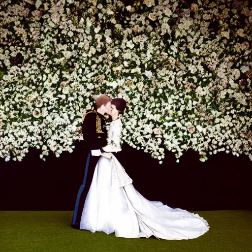 Image similar to A wide full shot, colored black and White Russian and Japanese mix historical fantasy a photograph portrait of a royal wedding floral covered aisle inspired by a enchanted ethereal forest, 1907 photo from the official wedding photographer for the royal wedding.