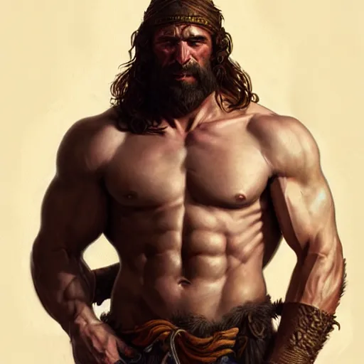 Image similar to portrait of a rugged male barbarian, handsome, upper body, D&D, muscular, fantasy, intricate, elegant, highly detailed, digital painting, artstation, concept art, smooth, sharp focus, illustration, art by artgerm and greg rutkowski and alphonse mucha
