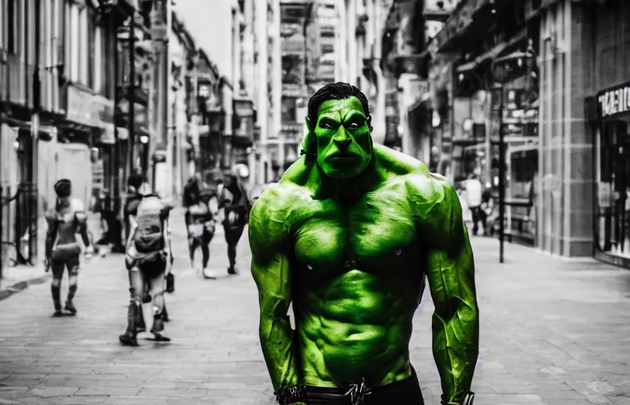 Image similar to a candid street photo of a muscular green-skinned orc in the city, casual clothing, modern fantasy photography, sharp focus, 4k