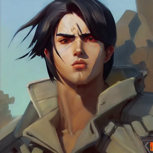 Image similar to greg manchess portrait painting of eren jager as overwatch character, medium shot, asymmetrical, profile picture, organic painting, sunny day, matte painting, bold shapes, hard edges, street art, trending on artstation, by huang guangjian and gil elvgren and sachin teng