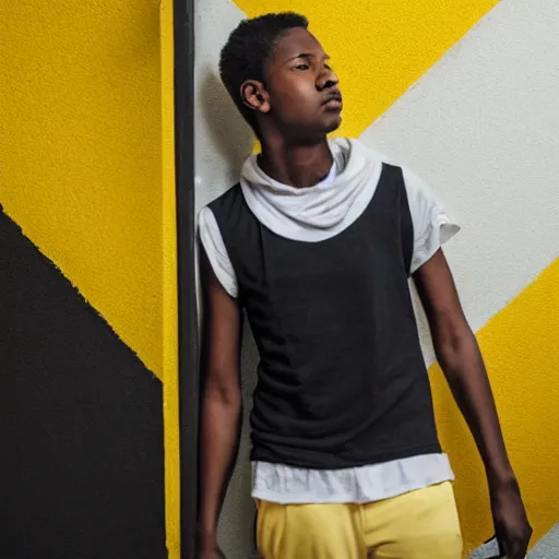 Image similar to black teenage boy wearing a white tank top with a long nose, walking in a nostalgic room with yellow walls and brown carpet