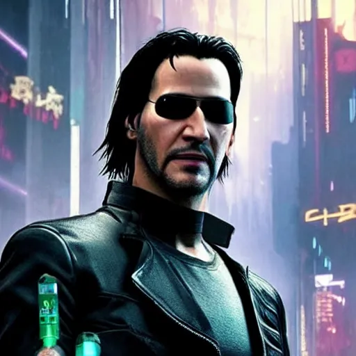 Prompt: photo of a Keanu Reaves from the Matrix film in the Cyberpunk 2077 game