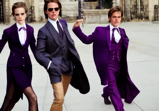 Prompt: a professional fashion model photo of Emma Watson and her twin sisters wearing purple dressed surrounding Tom Cruise wearing a suit and tie. Euro-American crossover photography.