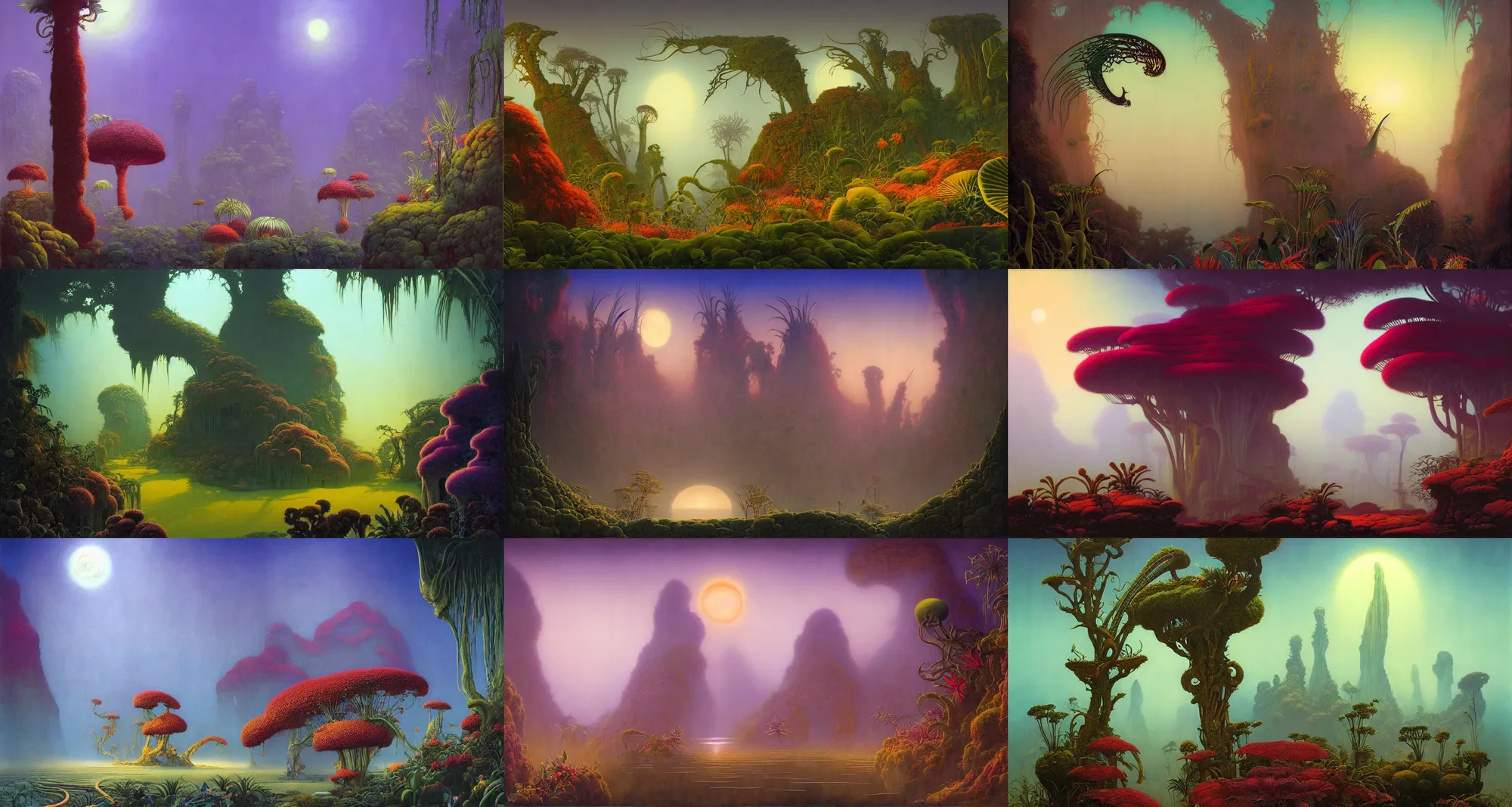 Image similar to beautiful rendering of exotic plants by daniel merriam and karol bak and martin johnson heade, xenoplanet by roger dean and moebius, at night, ( ( ( misty atmosphere ) ) ), ( soft light ), mantra rendering, matte painting, high detailed, 4 k, trending on artstation