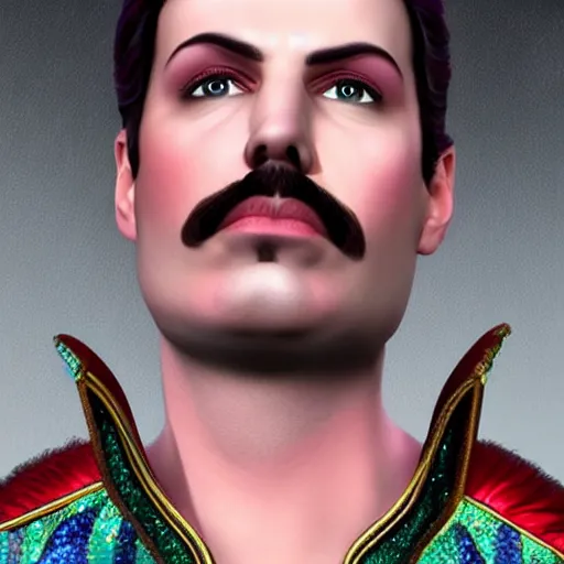 Image similar to a portrait of freddie mercury as elza from frozen movie, hyper realistic, detailed, life like, 4 k,