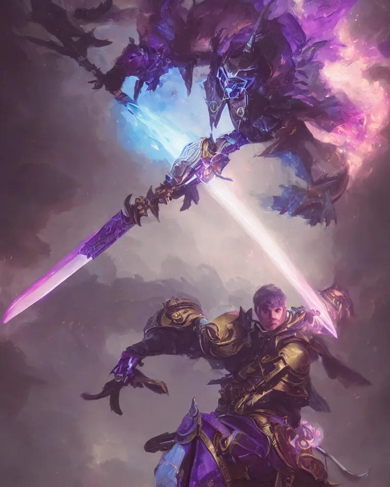 Prompt: portrait of fantasy paladin wielding a sword with purple flames, intricate baroque armour, glowing aura, trending on artstation, 4 k, greg rutkowski, concept art, matte painting