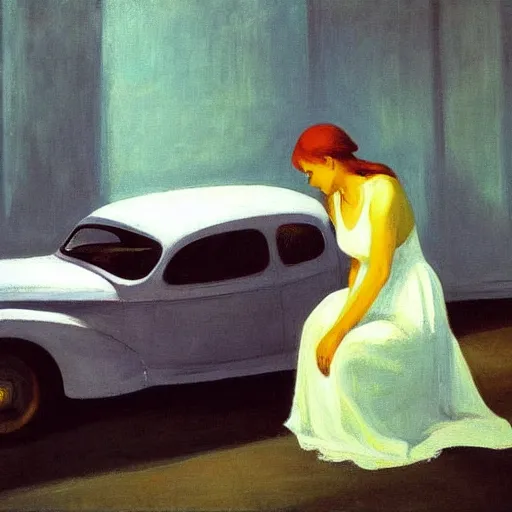 Image similar to an angel fixing their broken down car in hell, painted by edward hopper,