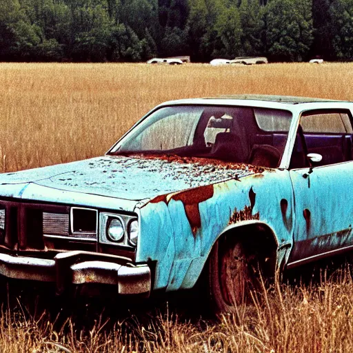 Prompt: A photograph of a rusty, worn out, broken down, decrepit, run down, dingy, faded, chipped paint, tattered, beater 1976 Powder Blue Dodge Aspen in a farm field, photo taken in 1989
