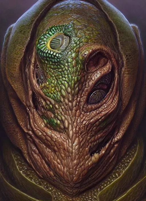 Image similar to kiwi fruit mf doom reptile eyes, kiwi fruit skin. intricate, elegant, highly detailed, centered, digital painting, artstation, concept art, smooth, sharp focus, illustration, artgerm, tomasz alen kopera, peter mohrbacher, donato giancola, joseph christian leyendecker, wlop, frank frazetta