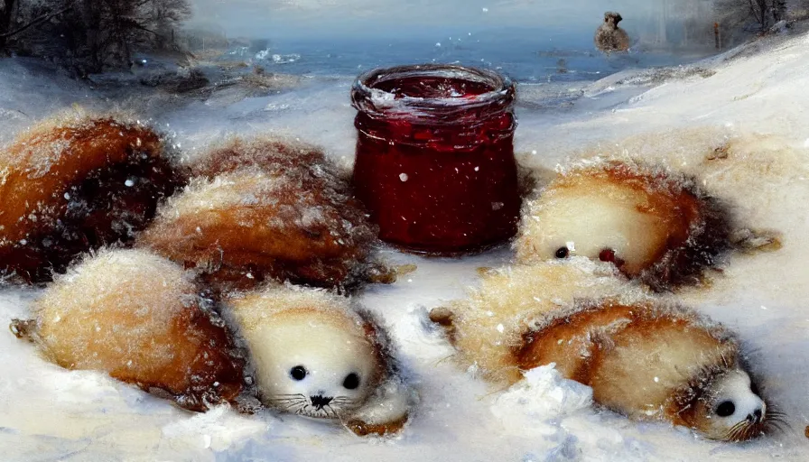 Prompt: highly detailed closeup painting of cute furry white baby seals in a pile of jam pancakes in the snow by william turner, by greg rutkowski, by william constable, thick brush strokes and visible paint layers, 4 k resolution