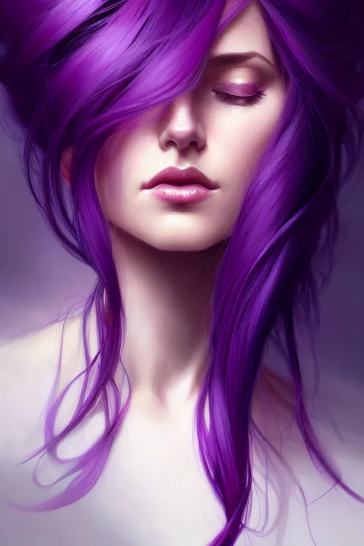 Image similar to Purple hair, creative colouring Portrait of woman face profile, fashion, colored strands of hair, intricate, elegant, highly detailed, digital painting, artstation, concept art, smooth, sharp focus, illustration, art by artgerm and greg rutkowski and alphonse mucha