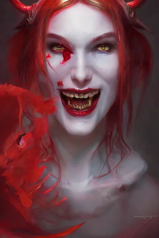 Image similar to Portrait of beautiful pale laughing succubus maiden with nimbus, and devil's horns, red lighting, digital art by Ruan Jia and Mandy Jurgens and Artgerm, highly detailed, trending on artstation, award winning,