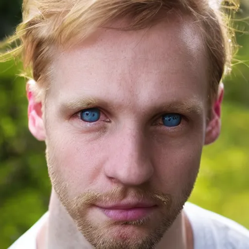 Image similar to photographic portrait of an English man, 37 years old, short golden blonde hair, balding, blue-green eyes, very pale white skin, an earring on left ear, very thin lips, smirking, posing in a garden, under bright sunlight