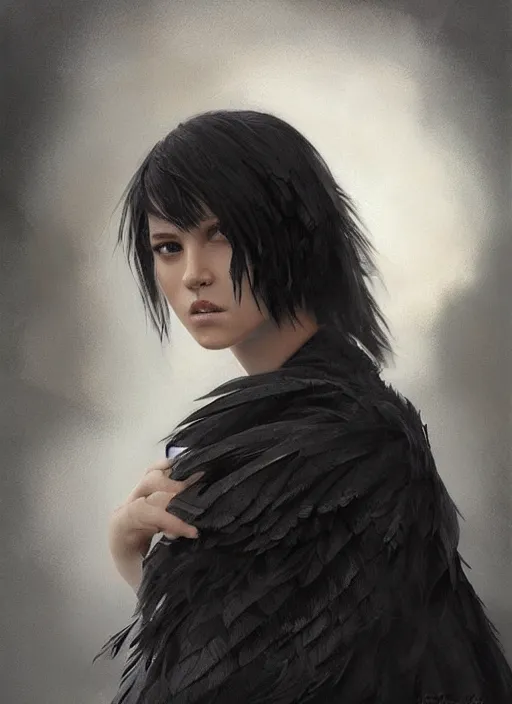 Image similar to a teenage fit girl with very short black hair and a huge cloak made of grey and black feathers. beautiful highly detailed face. beautiful painting by artgerm and greg rutkowski and raymond swanland, detailed portrait, closeup