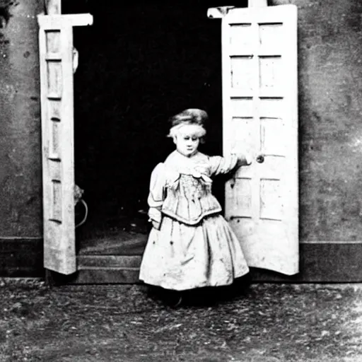 Image similar to an old photograph of a victorian child facing away from the camera, pointing at a glowing doorway