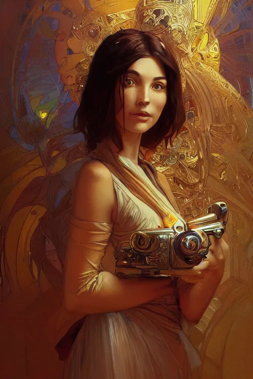 Image similar to portrait of tinfoil hat man in orange t - shirt behind his wife, feelings, romantic, fantasy, intricate, elegant, highly detailed, digital painting, artstation, concept art, smooth, sharp focus, illustration, art by artgerm and greg rutkowski and alphonse mucha