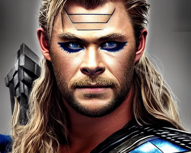 Image similar to chris hemsworth as thor with exaggerated drag queen makeup, amazing digital art, amazing detail, photorealistic