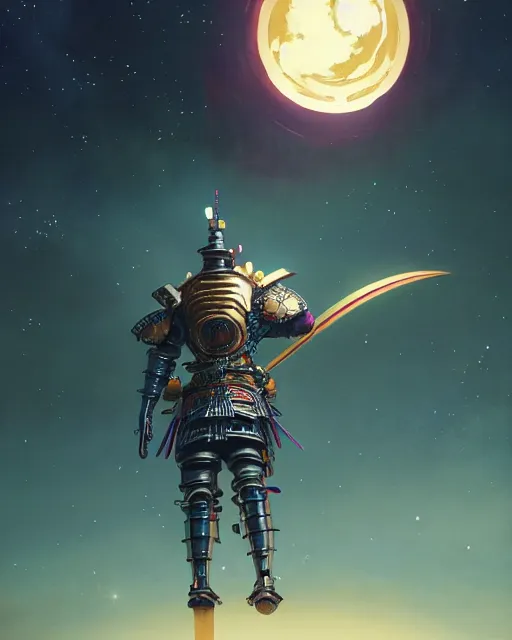 Prompt: highly detailed surreal vfx portrait of a metallic chromatic samurai bear in front of planets filled sky, stephen bliss, unreal engine, greg rutkowski, loish, rhads, beeple, makoto shinkai and lois van baarle, ilya kuvshinov, rossdraws, tom bagshaw, alphonse mucha, global illumination, detailed and intricate environment