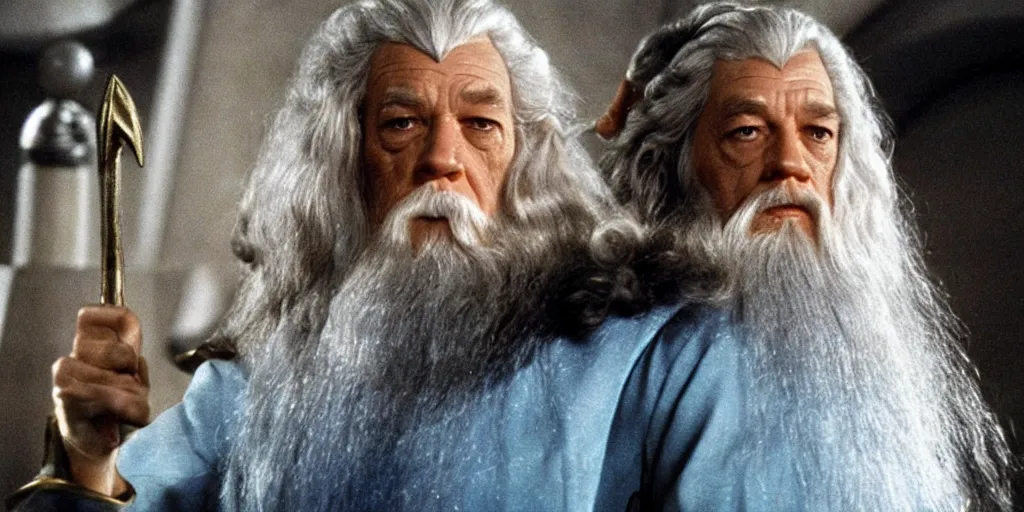 Prompt: Gandalf, in starfleet uniform, in the role of Captain Kirk in a scene from Star Trek the original series