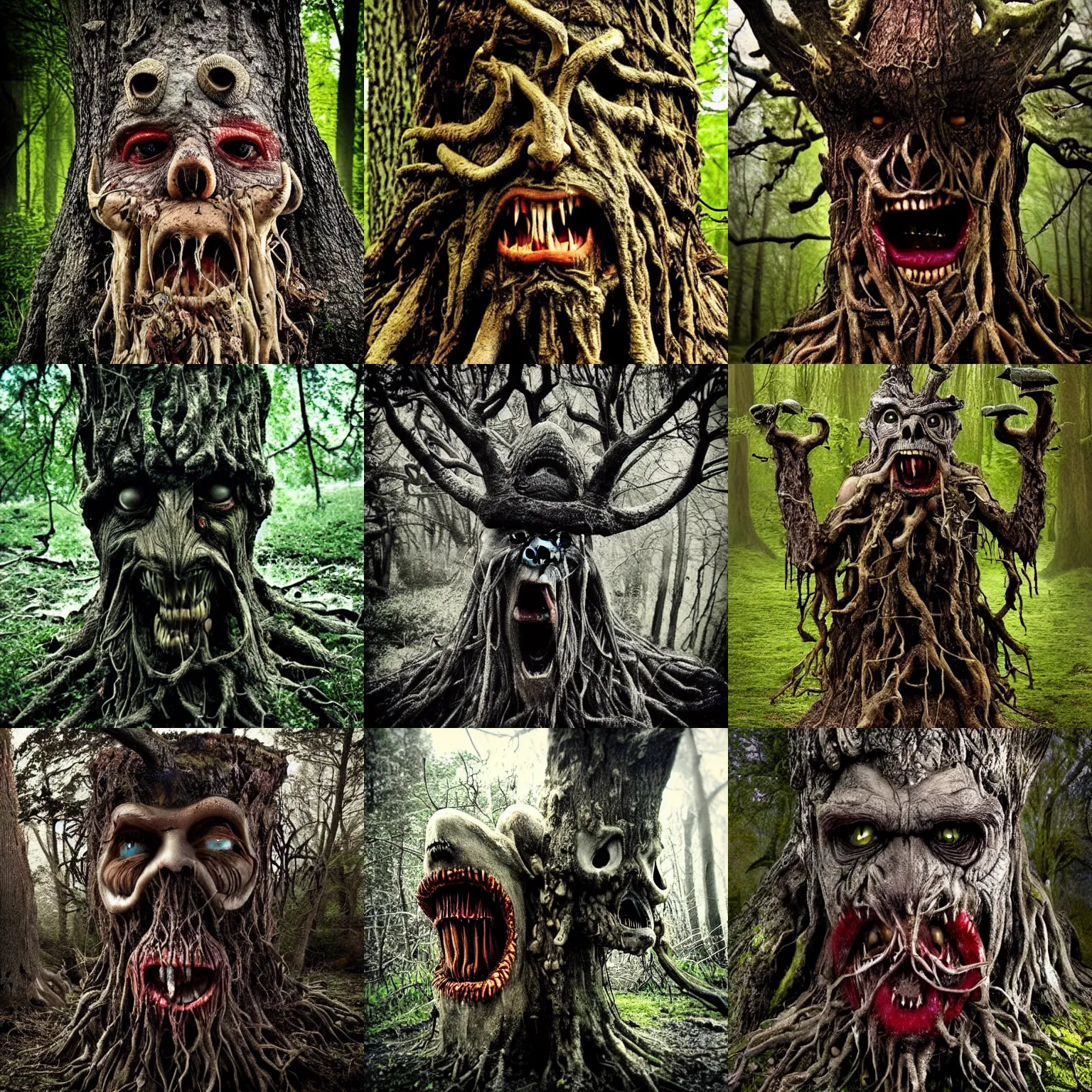 Prompt: creepy scary photograph of angry treebeard evil oak tree savagely eating amanita mushrooms!!! 🍄, dark fantasy horror, highly detailed, disturbing tortured face made of wood, gaping maw with fangs, oak tree ent, fog, eerie mist, bad quality