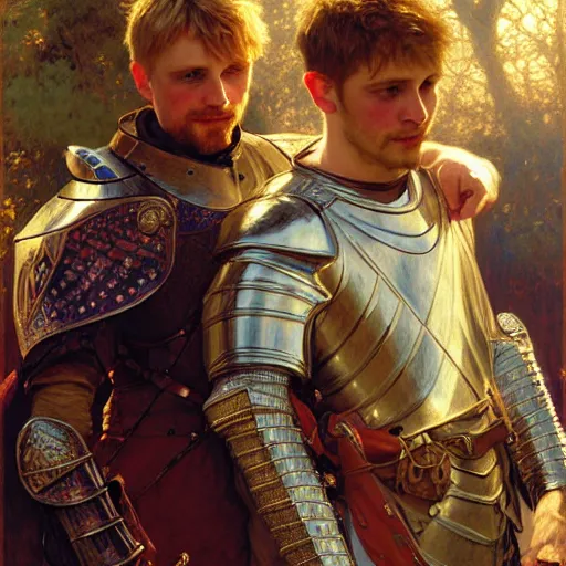 Image similar to attractive arthur pendragon and his attractive male knight, they are in love, natural lighting, path traced, highly detailed, high quality, digital painting, by gaston bussiere, craig mullins, alphonse mucha j. c. leyendecker