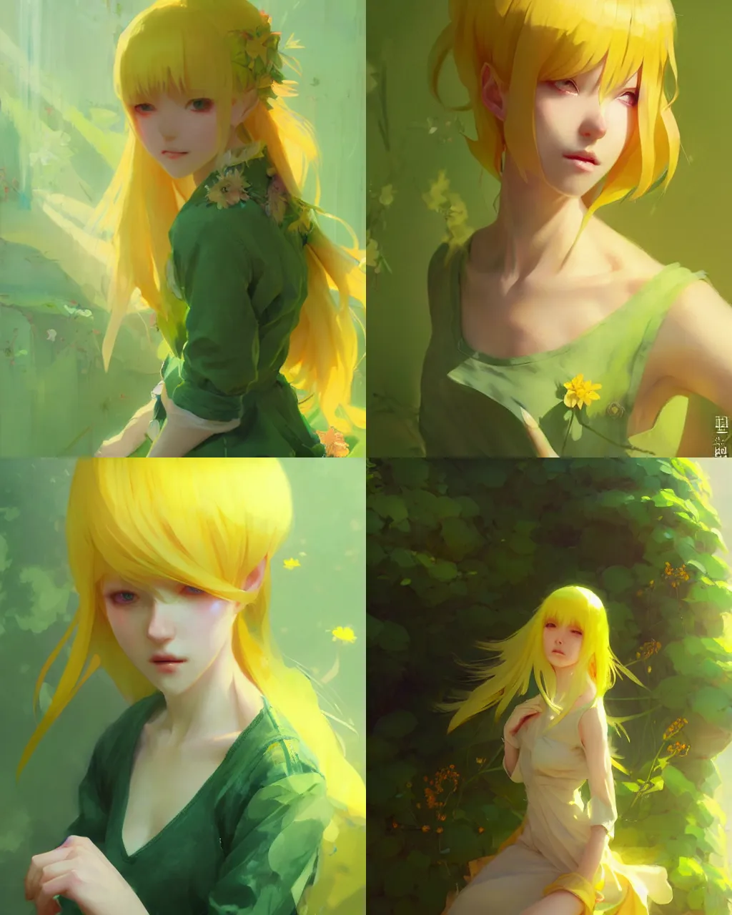 Prompt: girl with yellow hair and green clothing, flower decoration on the background, a beautiful half body illustration, top lighting, perfect shadow, soft painting, art by hidari and krenz cushart and wenjun lin